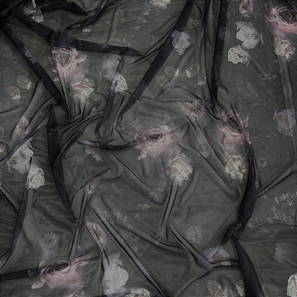 TULE COM ELASTANO ROMANCE DIGITAL | 1,60m | Rosas Black 13