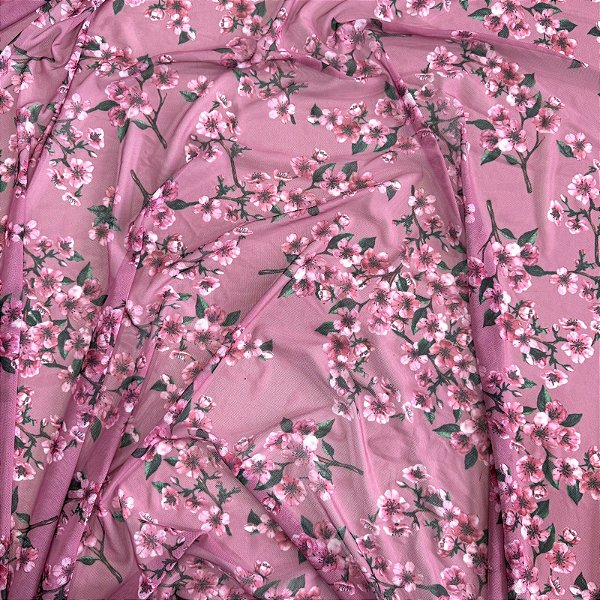 TULE COM ELASTANO ROMANCE DIGITAL | 1,60m | Floral Rosa 12