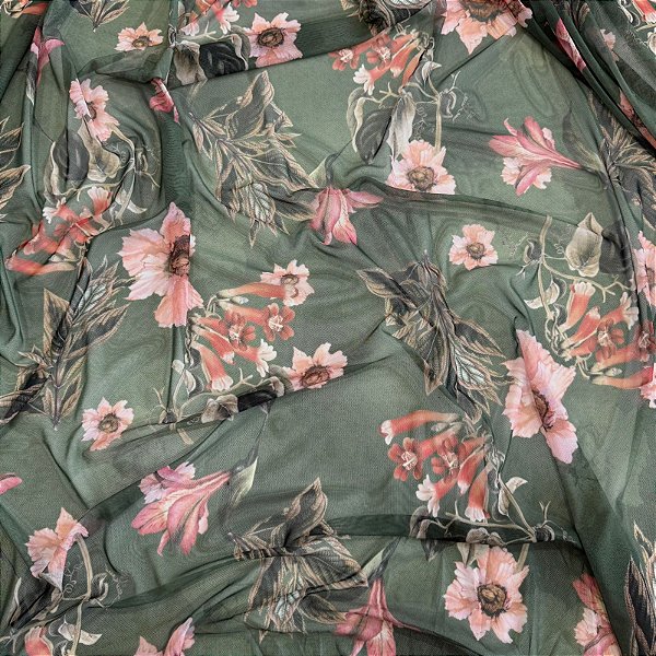 TULE COM ELASTANO ROMANCE DIGITAL | 1,60m | Floral Verde Militar 09