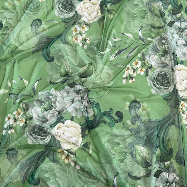 TULE COM ELASTANO ROMANCE DIGITAL | 1,60m | Rosas Verde 08