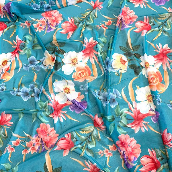 TULE COM ELASTANO ROMANCE DIGITAL | 1,60m | Floral Azul Colorido 06