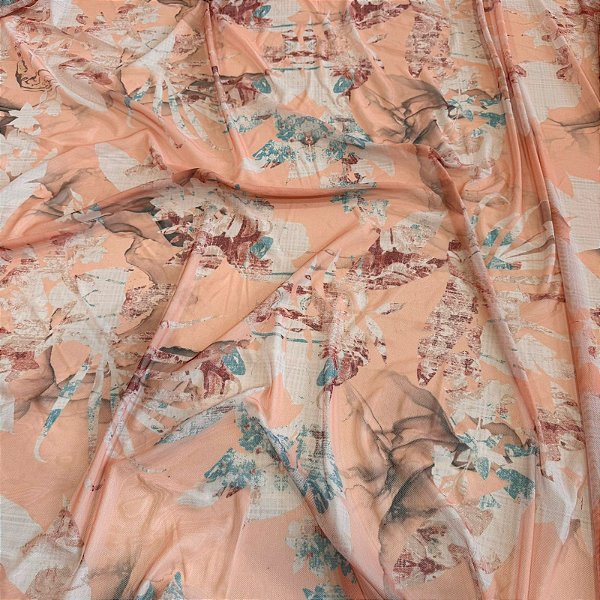 TULE COM ELASTANO ROMANCE DIGITAL | 1,60m | Folhas Laranja Rose 05