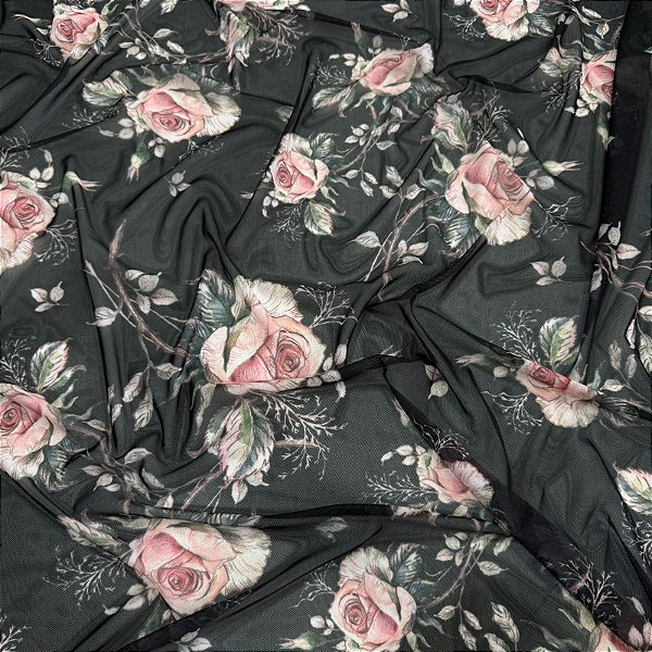 TULE COM ELASTANO ROMANCE DIGITAL | 1,60m | Rosas black 04