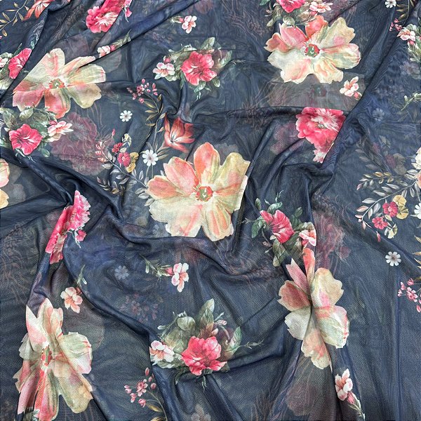 TULE COM ELASTANO ROMANCE DIGITAL | 1,60m | Floral azul Marinho 02