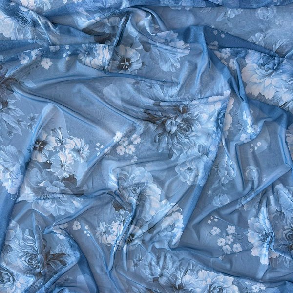 TULE COM ELASTANO ROMANCE DIGITAL | 1,60m | Floral Azul 01