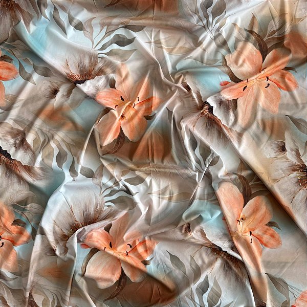 TECIDO CREPE BEGÔNIA SEDA DIGITAL | 1,47m | Floral Laranja C/ Bege 01