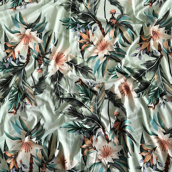 TECIDO CREPE BEGÔNIA SEDA DIGITAL | 1,47m | Floral Verde C/ Rosa 02