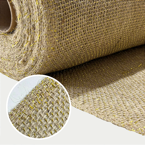TECIDO JUTA NATURAL FIOS DOURADOS - 1m X 1m