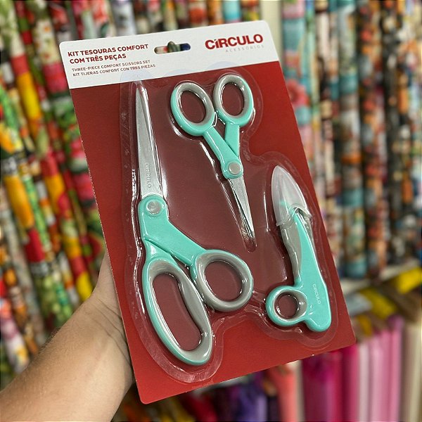 Kit com 3 Tesouras Profissionais de Aço Circulo para Corte e Costura, Artesanato, Patchwork - Verde Água 10