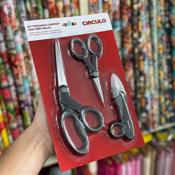 Kit com 3 Tesouras Profissionais de Aço Circulo para Corte e Costura, Artesanato, Patchwork - Preto 20