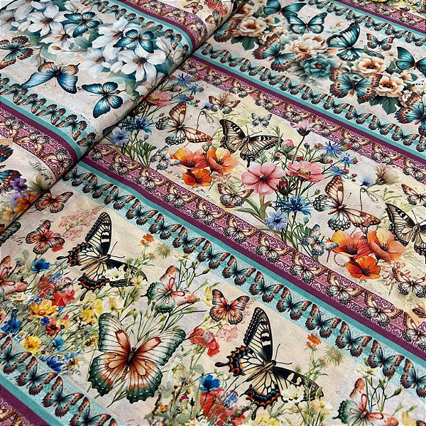 TRICOLINE BARRADA DIGITAL | 0,55cm X 1,50m - 100% Algodão | Borboletas 1691