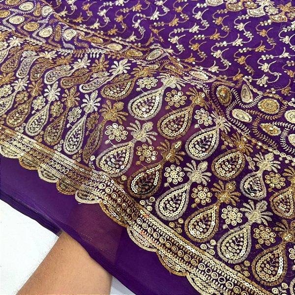 Tecido Crepe Bordado Indiano Brilho Paête | 1,47m - 100% Poliéster | Cor Roxo 187