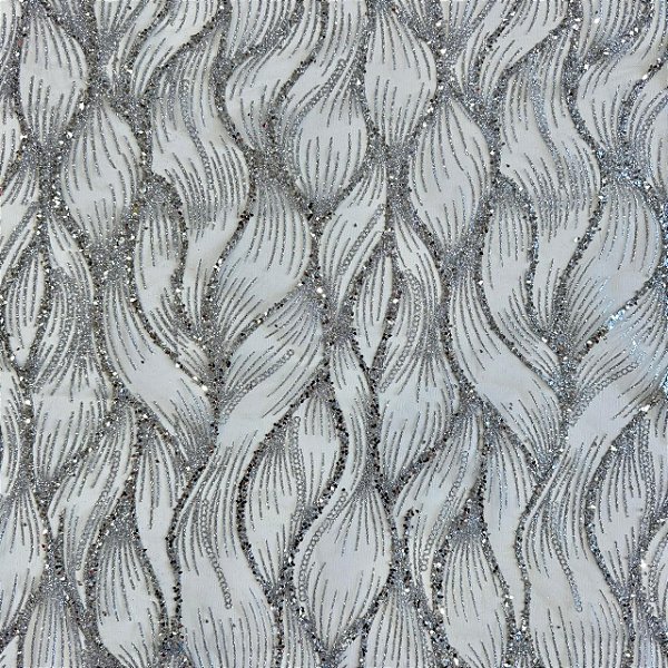 Tecido Tule Glitter Arabesco Ondulado | 1,50m - 100% Poliamida | Prata
