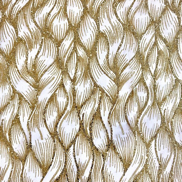 Tecido Tule Glitter Arabesco Ondulado | 1,50m - 100% Poliamida | Dourado