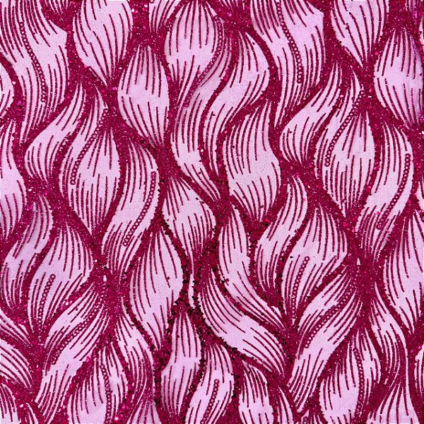 Tecido Tule Glitter Arabesco Ondulado | 1,50m - 100% Poliamida | Rosa Pink