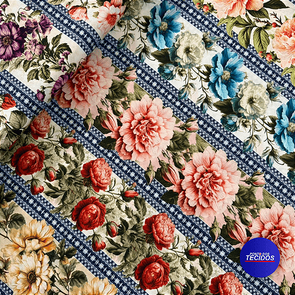 Tecido Tricoline Barrada Digital 10 Barrados 100% Algodão - 0,55cm X 1,50m - Flores Coloridas 2666