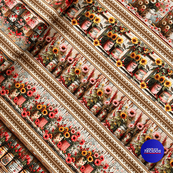 Tecido Tricoline Barrada Digital 10 Barrados 100% Algodão - 0,55cm X 1,50m - Latas e Flores 2584