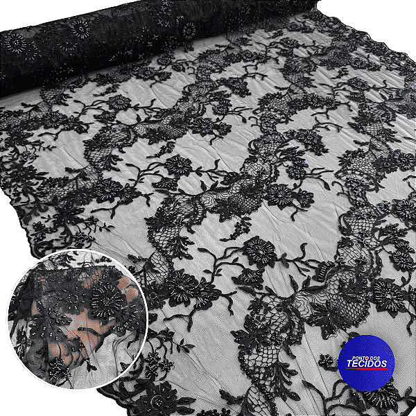 Tecido Renda Tule Bordado Com Pedraria Premium - 1,20m - Preto 9230-05