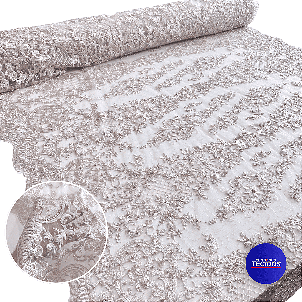 Tecido Renda Tule Bordado Com Pedraria Premium - 1,20m - Nude 10414-03