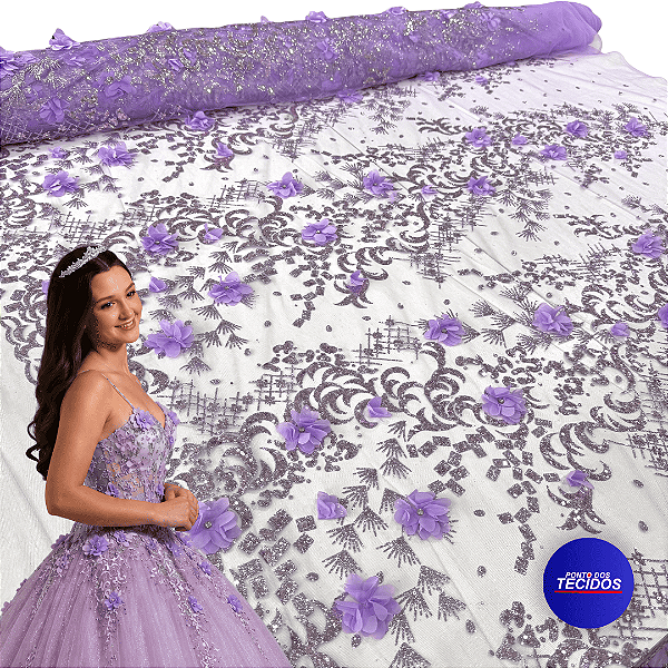 Tule Glitter Floral 3D Bordado - 100% Poliéster  1,30m 250g/m² - Roxo Lilas RX-5
