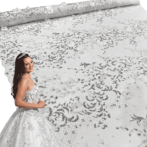 Tule Glitter Floral 3D Bordado - 100% Poliéster  1,30m 250g/m² - Branco BR-1 D#12