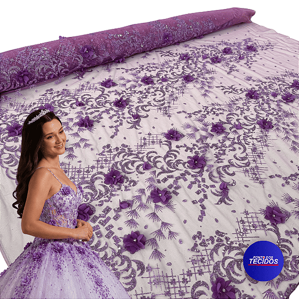 Tule Glitter Floral 3D Bordado - 100% Poliéster  1,30m 250g/m² - Roxo RX-3