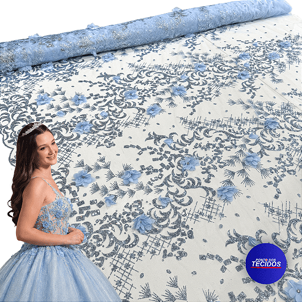 Tule Glitter Floral 3D Bordado - 100% Poliéster  1,30m 250g/m² - Azul Serenity AZ-1 D#12