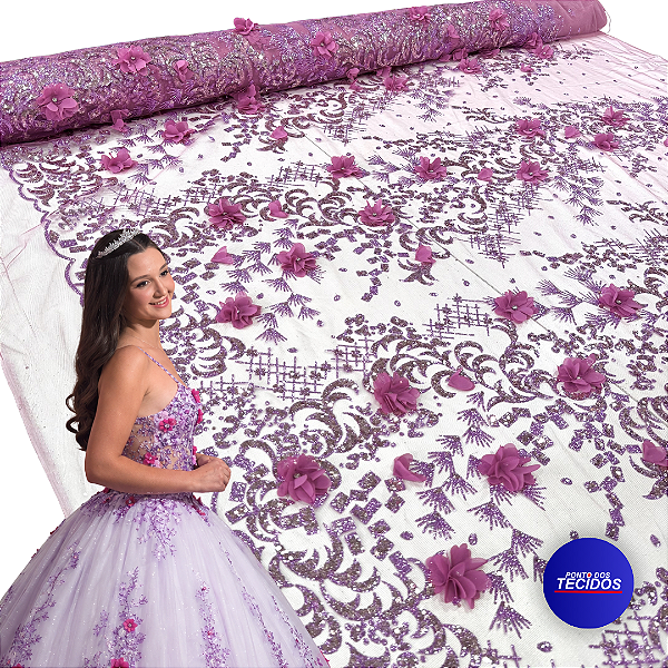 Tule Glitter Floral 3D Bordado - 100% Poliéster  1,30m 250g/m² - Rosa RO-3 D#12