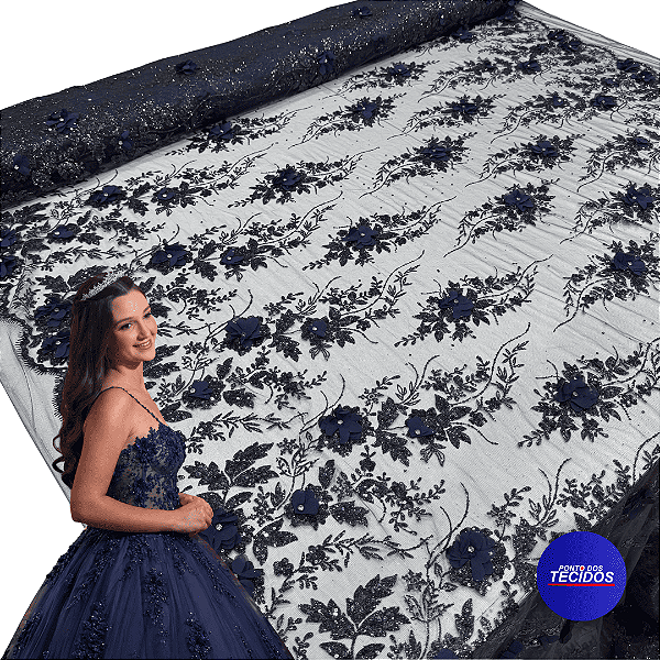 Tule Glitter Floral 3D Bordado - 100% Poliamida 1,40m 250g/m² - Azul Marinho