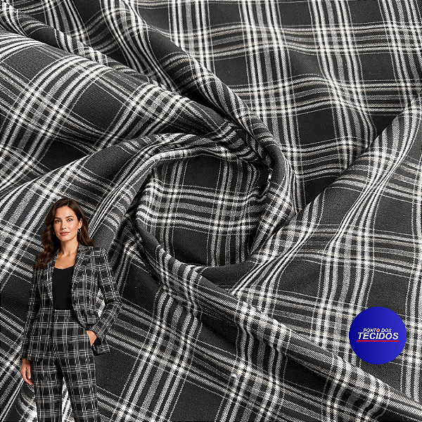 Tecido Alfaiataria Tweed Span Lux – Estruturado, Elegante e Encorpado - 1,50 - Xadrez Preto 004