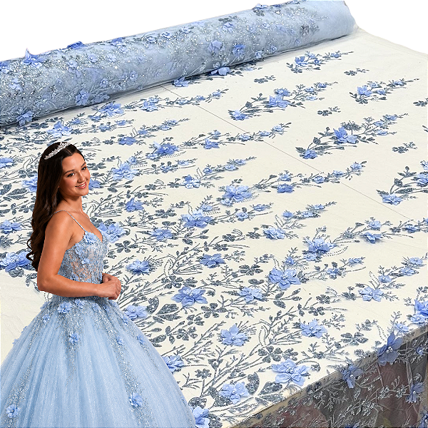 Tule Glitter Floral 3D Bordado LULU - 100% Poliéster 1,30m 250g/m² - Azul Serenity AZ-8