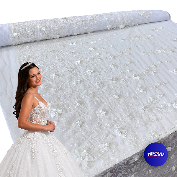 Tule Glitter Floral 3D Bordado LULU - 100% Poliéster  1,30m 250g/m² - Branco BR-1