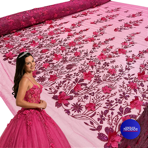 Tule Glitter Floral 3D Bordado LULU - 100% Poliéster  1,30m 250g/m² - Rosa Pink Ro-3