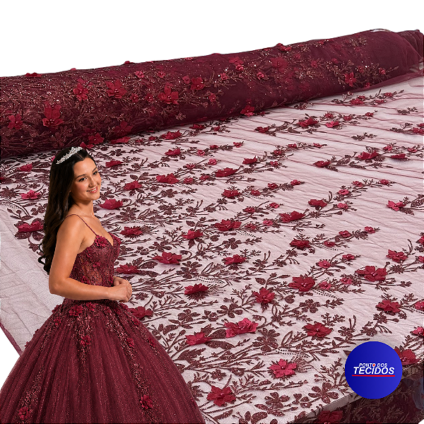 Tule Glitter Floral 3D Bordado LULU - 100% Poliéster  1,30m 250g/m² - Marsala VM-2