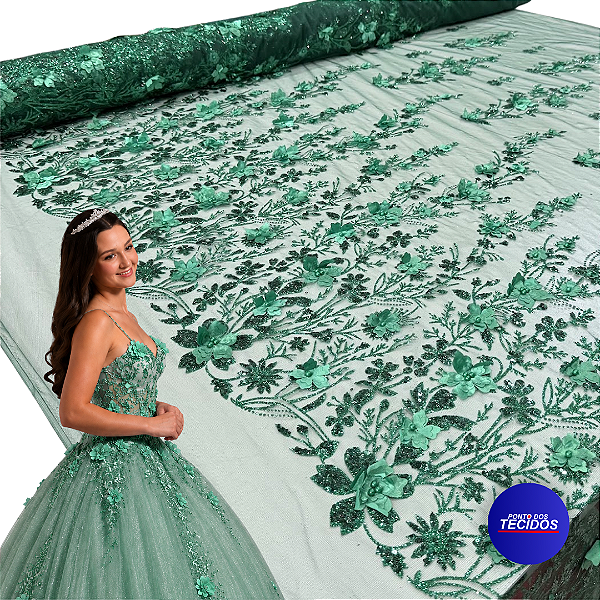 Tule Glitter Floral 3D Bordado LULU - 100% Poliéster  1,30m 250g/m² - Verde Esmeralda VD-15