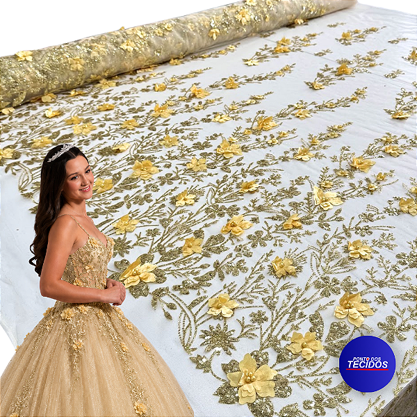 Tule Glitter Floral 3D Bordado LULU - 100% Poliéster  1,30m 250g/m² - Dourado AM-3