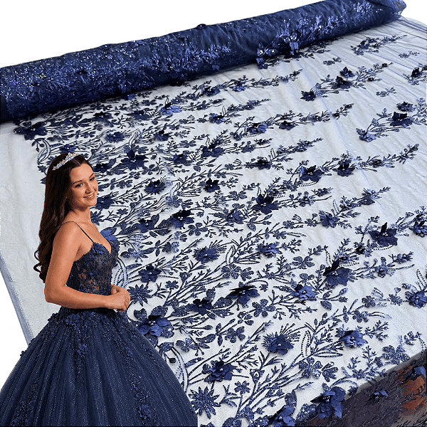 Tule Glitter Floral 3D Bordado LULU - 100% Poliéster  1,30m 250g/m² - Azul Marinho AZ-19