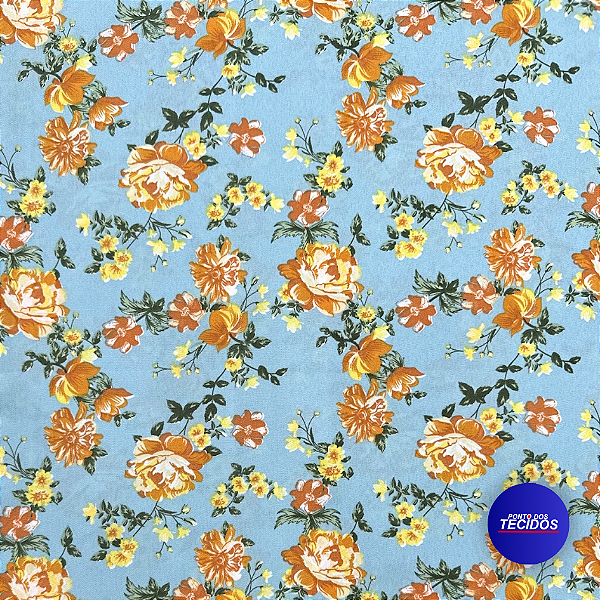 Tecido Oxford Estampado | 1m X 1,47 | Floral Laranja Fundo Azul HO3360-1