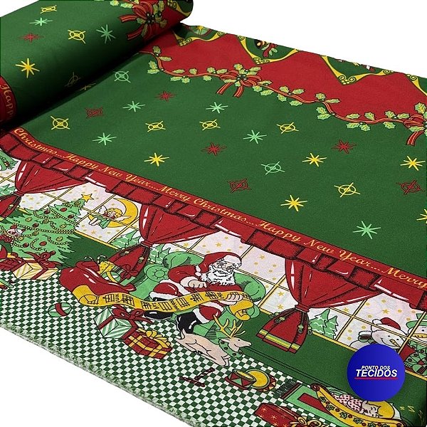 Tecido Oxford Estampado Natalino | 1,47 | Natal Papai Noel e Presentes Verde HO4106-1