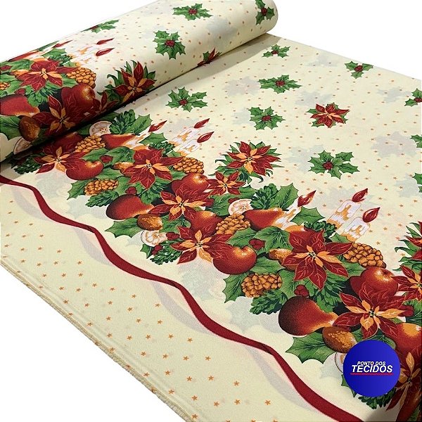 Tecido Oxford Estampado Natalino | 1,47 | Poinsétia e Frutas HO1736-2