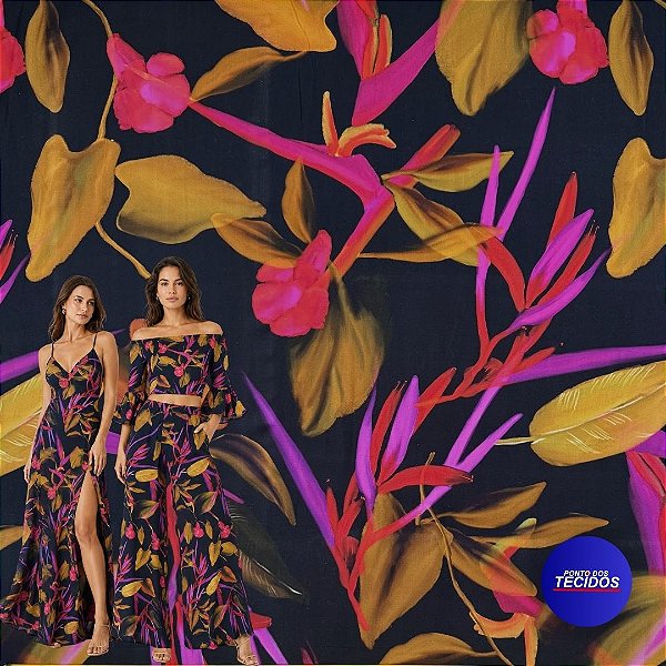 Tecido Viscose Estampada Digital - 1m X 1,50m - Tropical Fundo Preto I7141A-UN