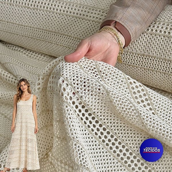 Tecido Tela Crochet Lurex – Malha Vazada com Fios Metálicos - 1m X 1,60m
