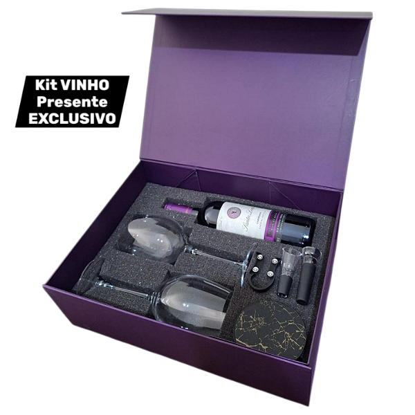 Kit Vinho - 02 Taças Cristal + Vinho Chileno 750 ml + Acessórios