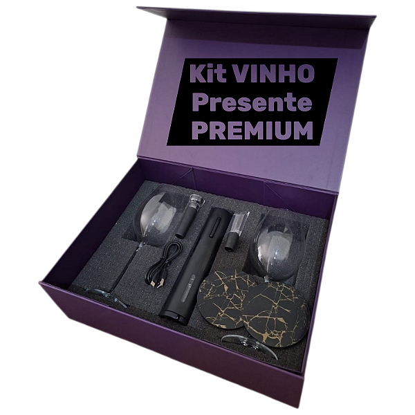Kit Vinho - 02 Taças de Cristal + Abridor Automático USB