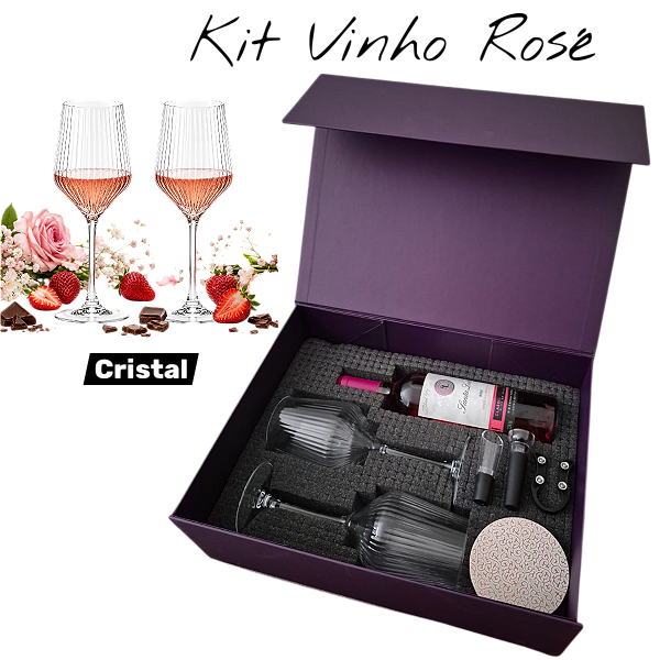 Kit Vinho Rosé com 2 Taças de Cristal e Acessórios Caixa Presente Elegante