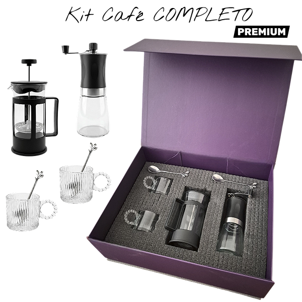 Kit Café 2 Xícaras de Vidro Cafeiteira Francesa Moedor Manual Colheres Caixa Presente