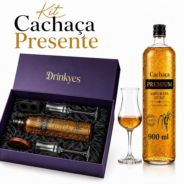 kit Cachaça com 2 Taças Alambique Cristal + Flocos de Ouro