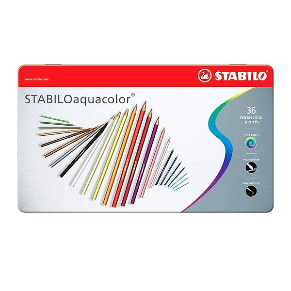 Lápis de Cor Aquarelável em Estojo Metálico Stabilo Aquacolor 36 Cores