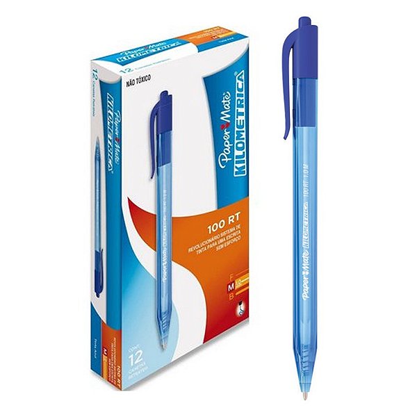 Caneta Retrátil Esferográfica Paper Mate Kilometrica 100 Rt Azul CX C/ 12 Un