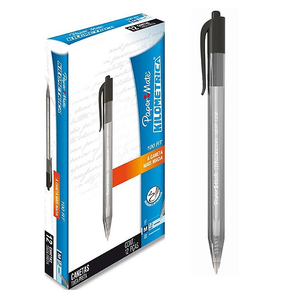 Caneta Retrátil Esferográfica Paper Mate Kilometrica 100 Rt Preta CX C/ 12 Un